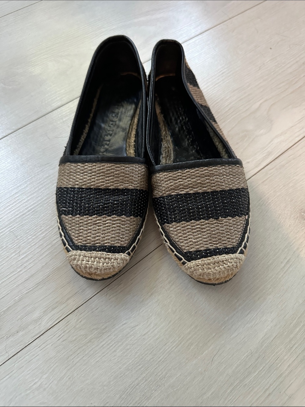 Burberry Black and Tan Striped Espadrille Flats